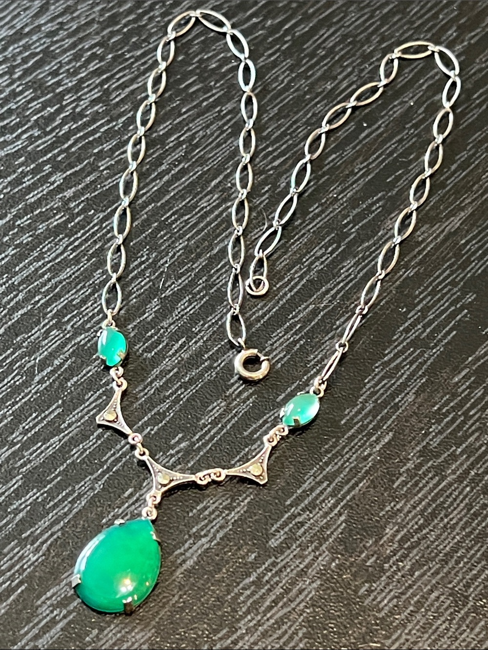 Antique Art Deco Signed Sterling Silver Green Glass Paste Marcasite Necklace